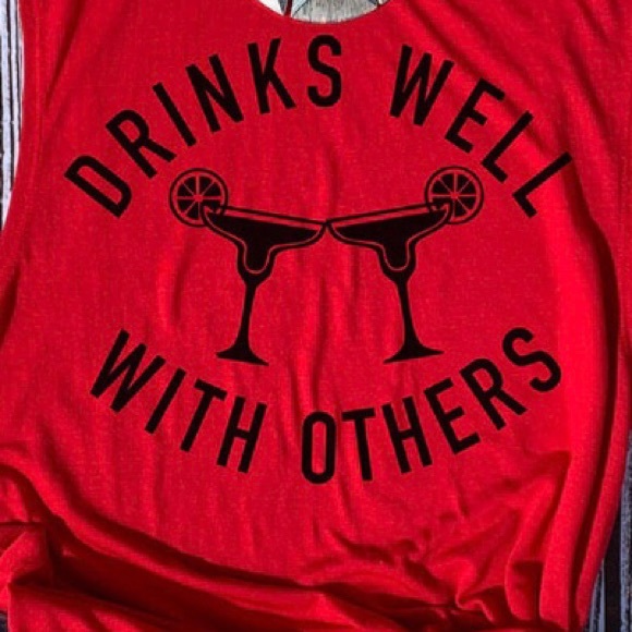 “Drinks Well with Others” Funny Play On Words Tank Top - Picture 2 of 2